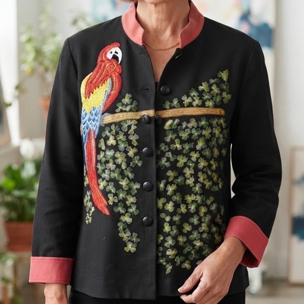 Anage Vintage Parrot Embroidered Jacket‎ Red  Black Cotton Mandarin Collar Large